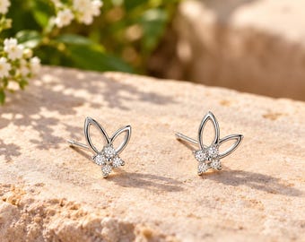 Diamond 925 Sterling Silver Bunny Stud Earrings, Dainty Rabbit Earring, Minimalist Everyday Jewelry