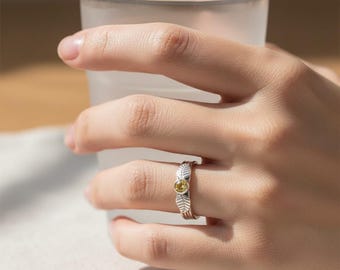 スターリングシルバー製シトリンリーフリング、ミニマルなボタニカル