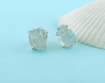 Raw Aquamarine Stud Earrings, 925 Sterling Silver Earring, Minimalist Jewelry fo