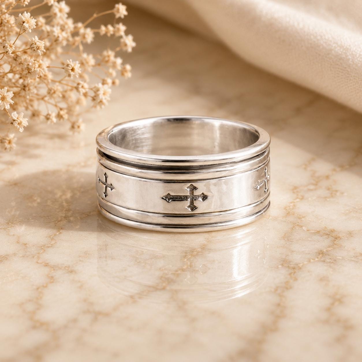 Sterling Silver Christian Spinner Ring, Cross Anxiety Band