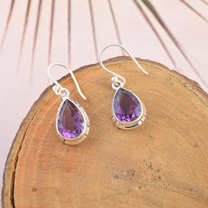 Amethyst Gemstone Silver Teardrop Earrings Jewelry Gift February Birthstone Jewelry Amethyst Crystal Earrings Anniversary Wedding Gift