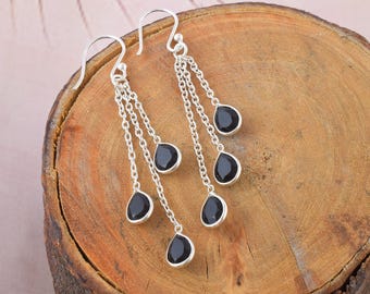 Black Onyx Teardrop Dangle Earrings, Sterling Silver Chain, Minimalist Gemstone Jewelry