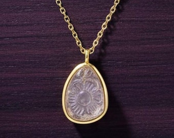 Carved Pink Tourmaline Intaglio Pendant Necklace, Gold Vermeil Sterling Silver Floral Jewelry