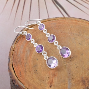 Purple Amethyst Crystal Gemstone Silver Dangle Earrings Jewelry Gift 925 Sterling Silver Amethyst Earrings February Birthstone Jewelry