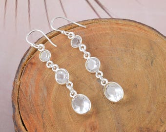Crystal Quartz Dangle Earrings, Sterling Silver Triple Drop, Bridal Jewelry