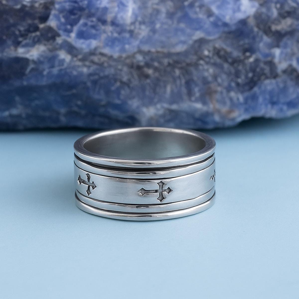 Sterling Silver Christian Spinner Ring, Cross Anxiety Band