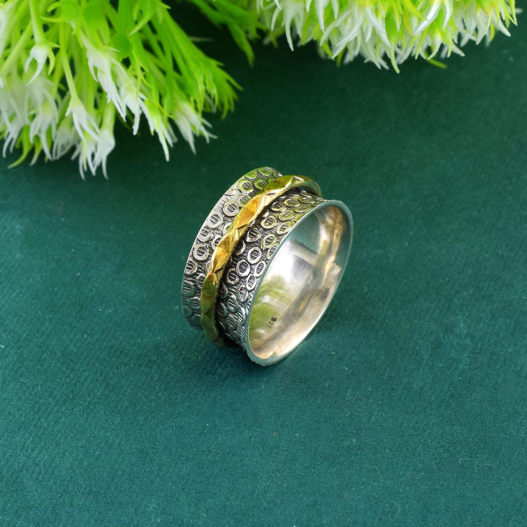 Fidget 925 Sterling Silver Spinner Ring Two Tone Ring Silver Anxiety ...