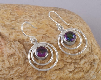 Mystic Quartz Dangle Earrings, Sterling Silver Rainbow Gemstone Round Drop Jewelry