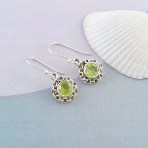 925 Silver Green Peridot Gemstone Dangle Earrings Peridot Crystal Earrings August Birthstone Jewelry Gift Round Peridot Silver Earrings