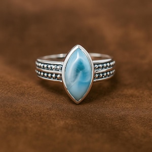 Marquise Larimar Rings 925 Sterling Silver Gemstone Jewelry Gift for Her Statement Ring Larimar Jewelry Wedding Anniversary Gift For Wife