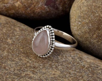 Rose Quartz Ring 925 Sterling Silver, Teardrop Gemstone Cabochon Rings, Dainty Statement Jewelry