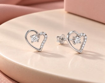 Diamond Stud Earrings, 925 Sterling Silver Heart Earrings, Minimalist Gift for Her