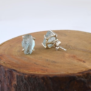 Raw Aquamarine Gemstone Silver Stud Earrings Jewelry Rough Birthstone Earrings Minimalist Mothers Day Jewelry Gift Aquamarine Jewelry Gift