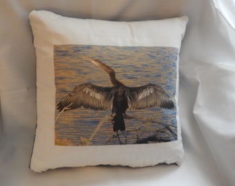 Handmade pillow with original photography of a Cormorant. Cotton. 14 inch square.