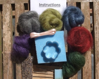 Natural and Dyed British Gotland wool, Needle Felting Starter Kit, complete.