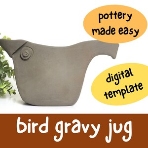 Peut inclure: Un pot &agrave; sauce en c&eacute;ramique gris en forme d'oiseau avec un bec rond. Le pot est sur un fond blanc avec du texte qui dit "potterie facile" et "mod&egrave;le num&eacute;rique". Le texte en bas de l'image dit "pot &agrave; sauce oiseau".