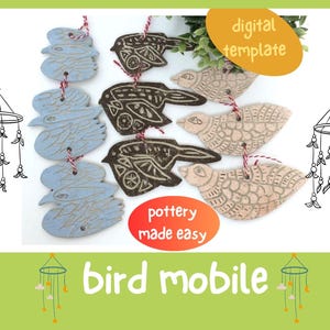 May include: A collection of ceramic bird ornaments in various colors, including blue, brown, and beige, are displayed. The ornaments are strung with red and white twine. The words "digital template" and "pottery made easy" are visible.