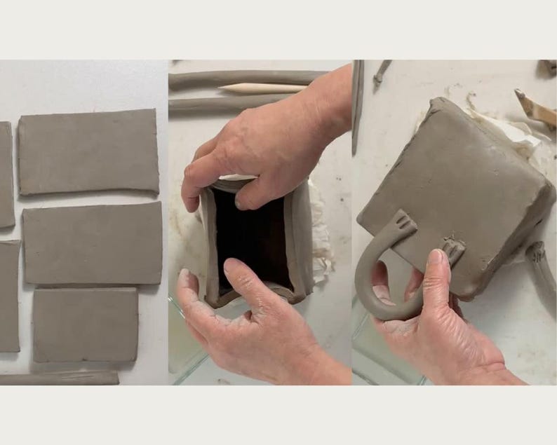 May include: A person is making a clay box with a handle. The box is made of brown clay and has a rectangular shape. The handle is made of clay and is shaped like a loop. The person is using their hands to shape the clay.