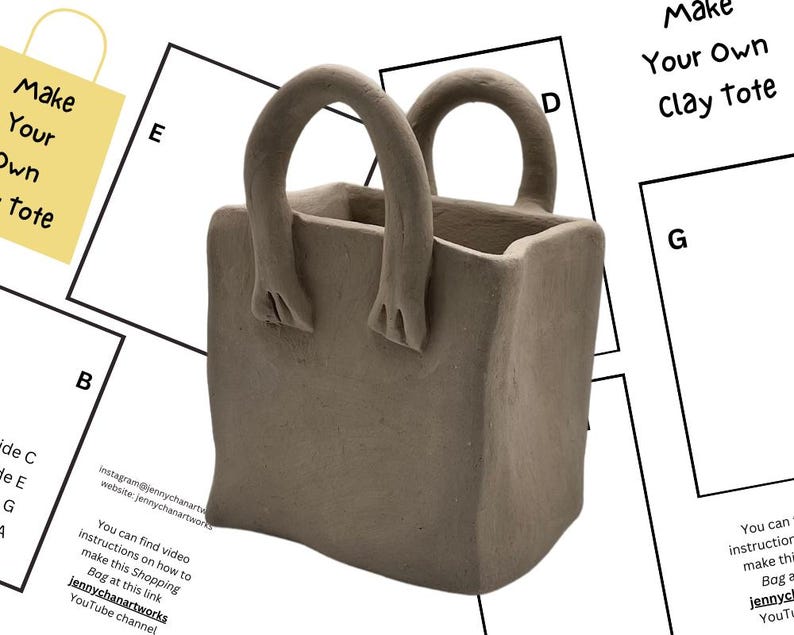 May include: A brown clay tote bag with two handles. The tote bag is sitting on a white surface. The text "Make Your Own Clay Tote" is visible in the background.