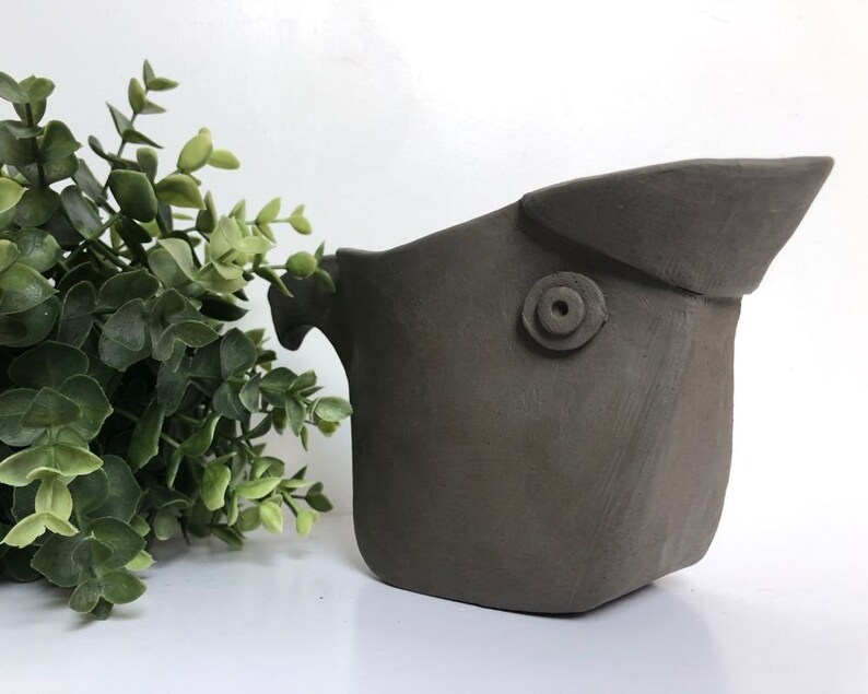 Peut inclure: Un pichet en c&eacute;ramique gris fonc&eacute; avec un design d'oiseau. Le pichet a un bec verseur et une anse. L'&oelig;il de l'oiseau est un petit cercle avec un trou au centre.