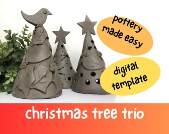 Ceramic Christmas Tree Trio Design Tutorial.  Easy Slab Pottery Template Project