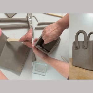 May include: A brown clay handbag with two handles. The handbag is being made by hand.