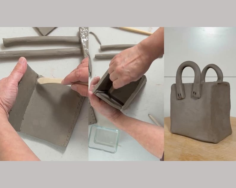 May include: A brown clay handbag with two handles. The handbag is being made by hand.