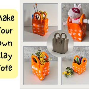 May include: Make Your Own Clay Tote. A collection of five clay tote bags, some painted orange with white polka dots, others in a natural clay color. One tote bag is filled with pencils and pens, another has a stuffed unicorn toy inside, and another has a small bouquet of yellow flowers.