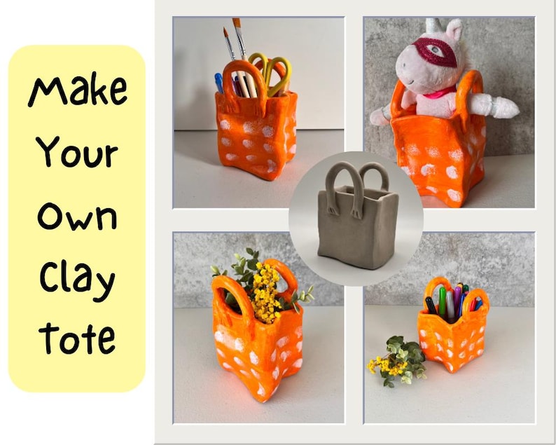 May include: Make Your Own Clay Tote. A collection of five clay tote bags, some painted orange with white polka dots, others in a natural clay color. One tote bag is filled with pencils and pens, another has a stuffed unicorn toy inside, and another has a small bouquet of yellow flowers.