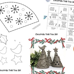 Op de afbeelding: Een printbare kerstboom-trio set voor een knutselproject. De instructies omvatten 15 stappen voor het maken van kerstboom van klei. De set bevat sjablonen voor een ster, een vogel en een hulstblad.