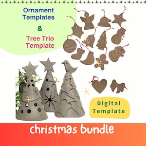 Paquete de plantillas de cerámica para adornos y árboles navideños / Plantilla PDF para arcilla cocida y de secado al aire / Guías y videotutorial / Cerámica fácil en losa