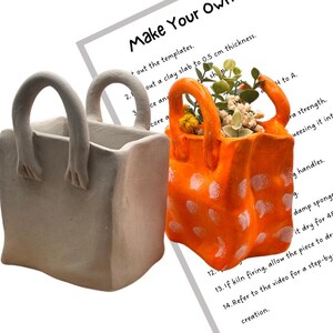 May include: Two ceramic planters shaped like shopping bags. One is white with a simple design and the other is orange with white polka dots. Both planters have handles.