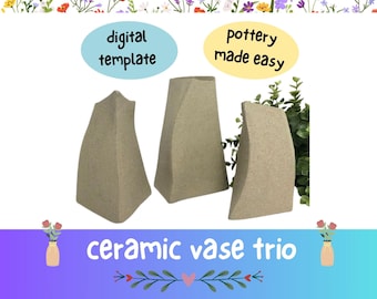 Ceramic Vases Trio Design Tutorial.  Easy Slab Pottery Template Project