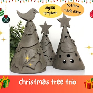 Ceramic Christmas Tree Trio Design Tutorial.  Easy Slab Pottery Template Project