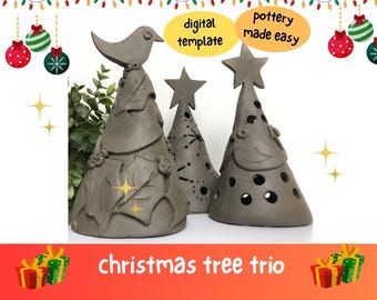 Ceramic Christmas Tree Trio Design Tutorial.  Easy Slab Pottery Template Project