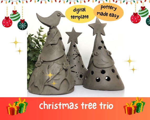 Ceramic Christmas Tree Trio Design Tutorial.  Easy Slab Pottery Template Project