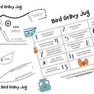 Peut inclure: Un mod&egrave;le imprimable pour r&eacute;aliser un pot &agrave; sauce en forme d'oiseau en argile. Le mod&egrave;le comprend 13 &eacute;tapes avec des illustrations et des instructions pour chaque &eacute;tape. Les instructions comprennent le d&eacute;roulage de l'argile, la d&eacute;coupe des formes, l'assemblage des pi&egrave;ces et le lissage de la surface. Le mod&egrave;le comprend &eacute;galement un lien vers une cha&icirc;ne YouTube pour des instructions vid&eacute;o.