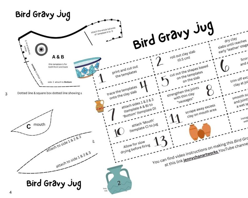 Peut inclure: Un mod&egrave;le imprimable pour r&eacute;aliser un pot &agrave; sauce en forme d'oiseau en argile. Le mod&egrave;le comprend 13 &eacute;tapes avec des illustrations et des instructions pour chaque &eacute;tape. Les instructions comprennent le d&eacute;roulage de l'argile, la d&eacute;coupe des formes, l'assemblage des pi&egrave;ces et le lissage de la surface. Le mod&egrave;le comprend &eacute;galement un lien vers une cha&icirc;ne YouTube pour des instructions vid&eacute;o.