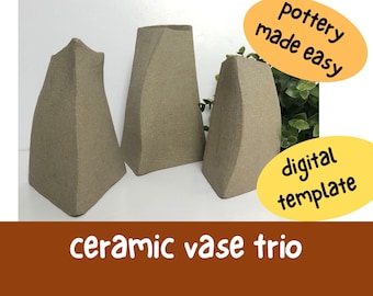 Ceramic Vases Trio Design Tutorial.  Easy Slab Pottery Template Project