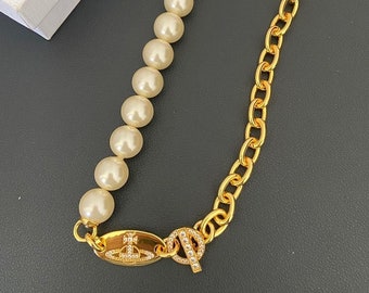 Vivienne Westwood gold Chain with big pearl statement choker necklace. Gift for her.