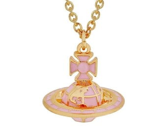 Vivienne Westwood Gold 3D Galileo globe Orb Necklace with pink enamel. Gift for Her, Gift for Him