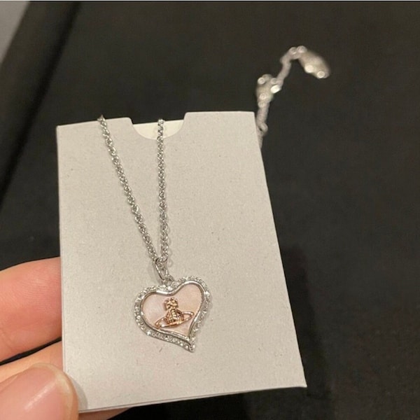 Vivienne Westwood Silver Petra  heart  with pink mother of pearl pendant necklace. Gift for Her, Gift for Him.