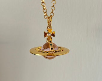 Vivienne Westwood Gold large  pink 3D orb pendant chain necklace with Swarovski crystals. Gift for Him, Gift for Her.