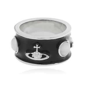 Vivienne Westwood Vintage Silver plated wide band ring with black enamel. Size US 8