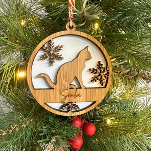 Cat Christmas decoration Bauble ornament Personalised laser cut 2 layer bamboo and acrylic