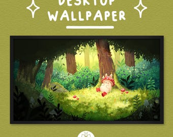 May include: A digital desktop wallpaper featuring a whimsical forest scene. The artwork depicts a cartoon mushroom character resting in a sunlit clearing, surrounded by trees and red mushrooms. The text "DESKTOP WALLPAPER" is at the top.