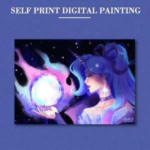 May include: Digital painting featuring a woman with blue hair and a unicorn horn, holding a glowing orb. The artwork has a fantasy theme with a starry background and the text "SELF PRINT DIGITAL PAINTING" at the top.
