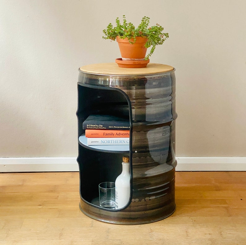 Night stand made from small oil drums image 10