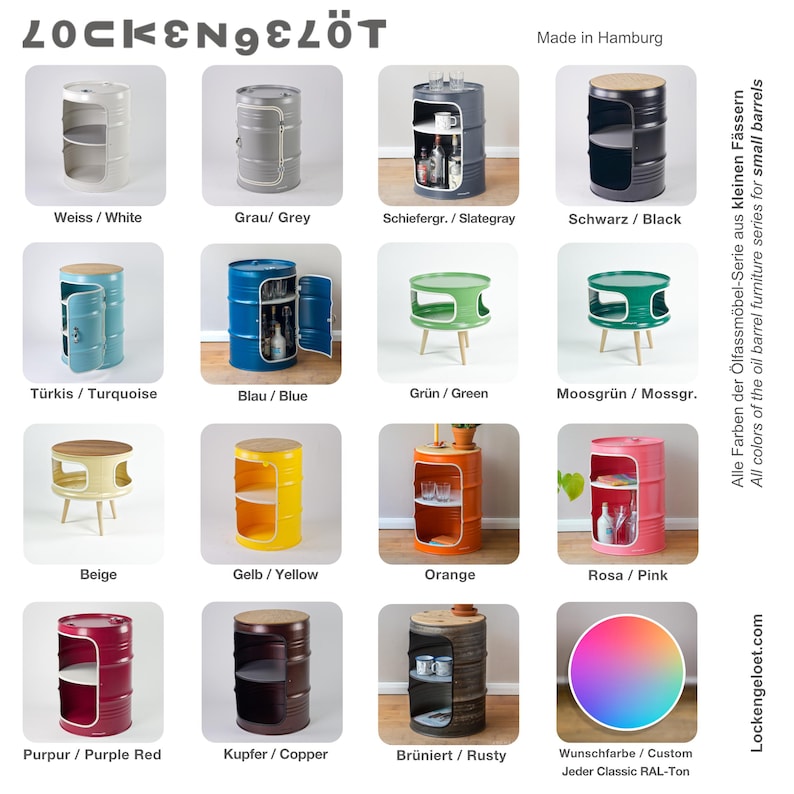 May include: A collection of colorful, repurposed oil barrel furniture. The image showcases various colors, including white, gray, black, turquoise, blue, green, beige, yellow, orange, pink, purple, copper, and rusty brown. Each barrel has a wooden top and some have shelves.