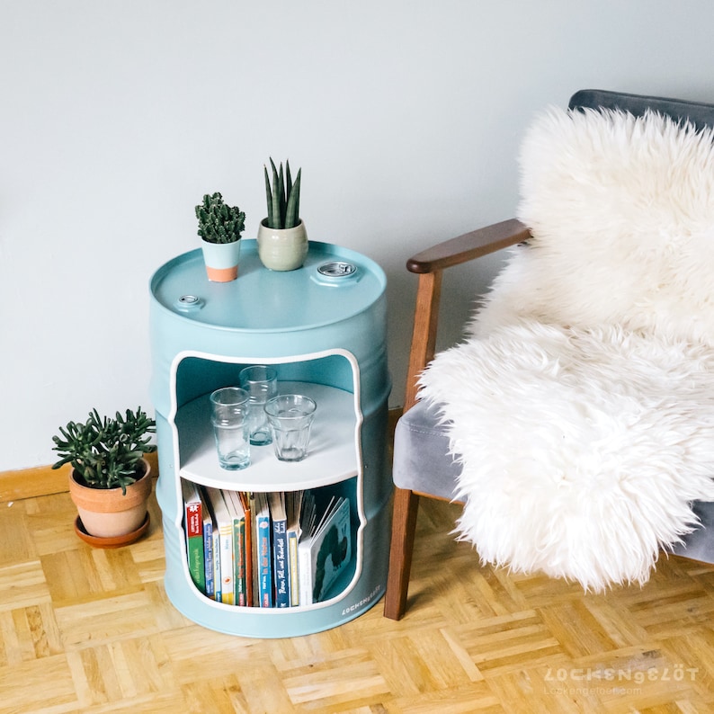 Night stand made from small oil drums Türkis / TURQUOISE